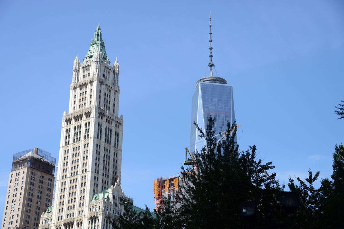 11-2 Woolworth Building And One World Trade Centre Close Up From New York City Hall Park In New York Financial District